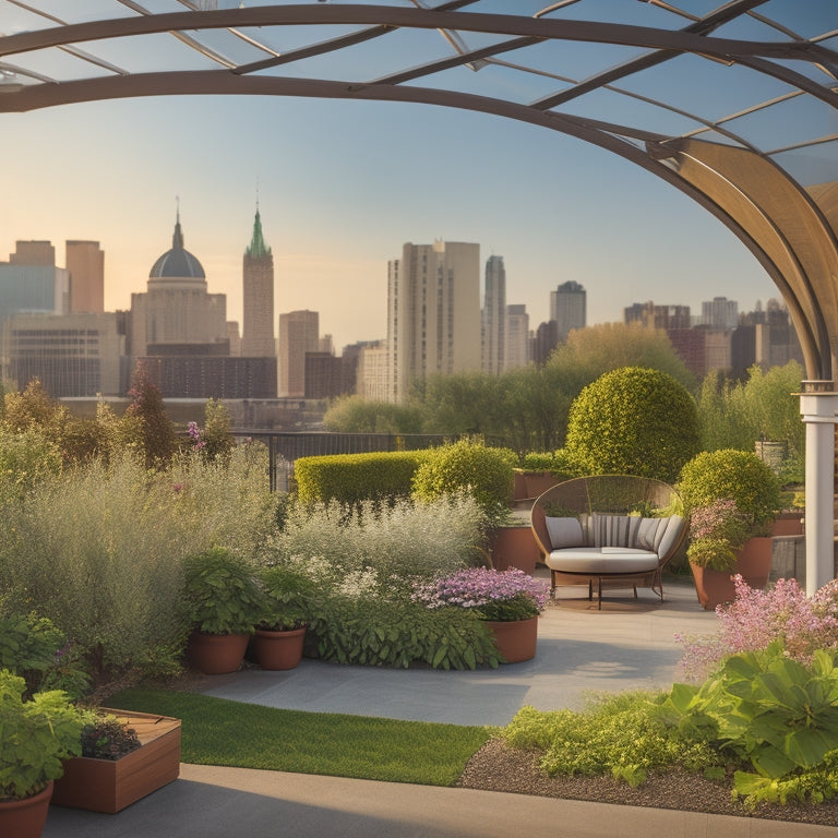 A serene rooftop garden with a modern trellis system, featuring curved metal arches covered in lush green vines and blooming flowers, surrounded by sleek wooden planters and a cityscape in the background.