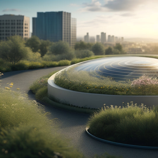 An illustration of a modern, curved rooftop with lush greenery and wildflowers, featuring a subtle water flow pattern, surrounded by a cityscape with a blurred, rainy background.
