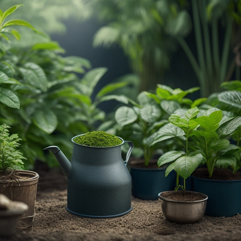 A serene planter scene featuring a lush green plant with droplets of water glistening on its leaves, surrounded by a layer of mulch, with a watering can and a moisture meter in the background.
