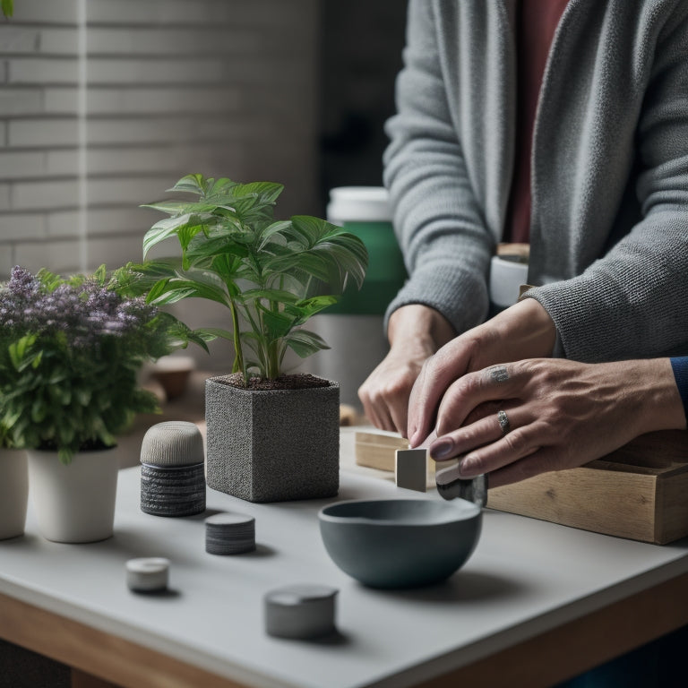 An image depicting a person holding a concrete block with a small potted plant inserted, surrounded by DIY tools and materials, with a blurred background of a modern living room.