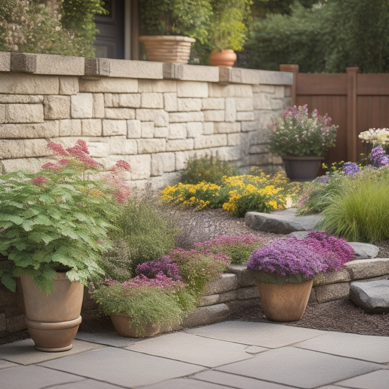 A serene backyard scene featuring a lush greenery-filled concrete planter box with a natural stone wall backdrop, surrounded by vibrant flowers and a meandering stone pathway.