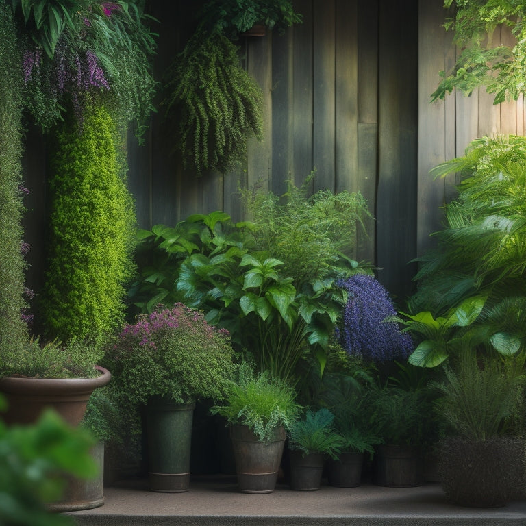 A serene, well-lit vertical garden with lush greenery, colorful flowers, and cascading vines, featuring a subtle misting system and a few strategically placed watering cans.