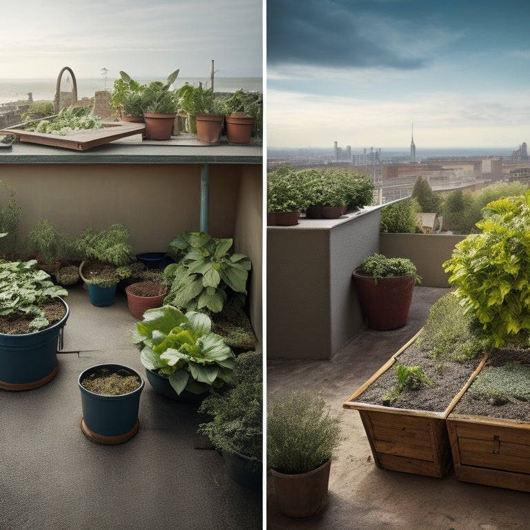 A split-screen image: a barren, cracked rooftop on the left, and on the right, a thriving rooftop garden with lush green vegetables, surrounded by wooden planters, and a wheelbarrow filled with dark, rich soil.