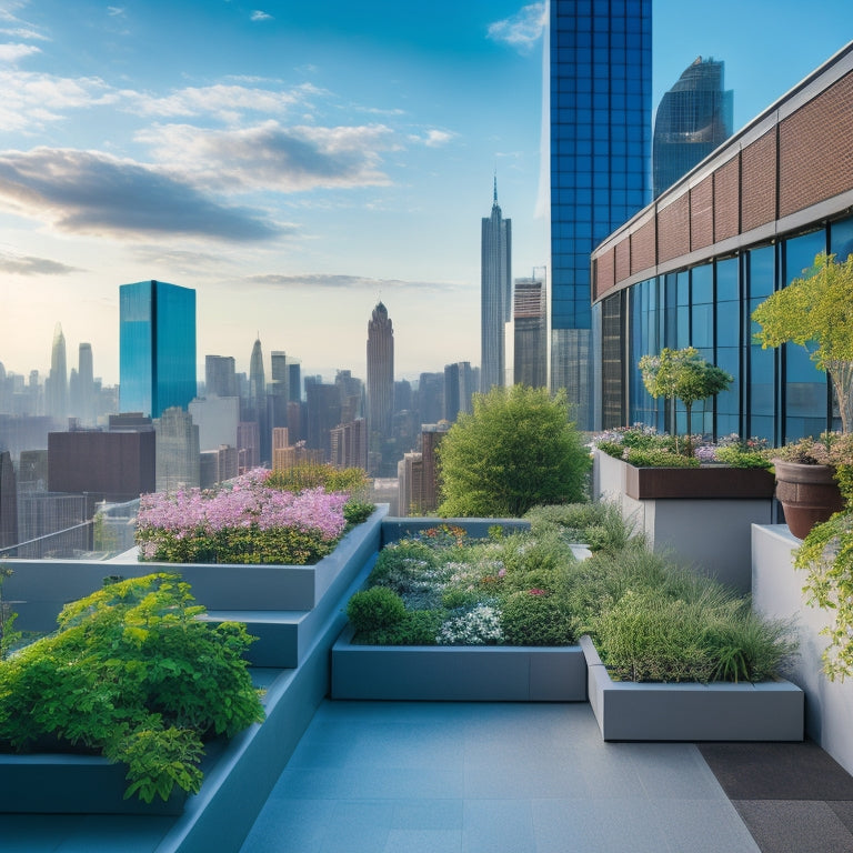 A serene rooftop oasis with lush greenery, vibrant flowers, and a subtle mist of water droplets suspended in mid-air, surrounded by sleek, modern skyscrapers and a bright blue sky.