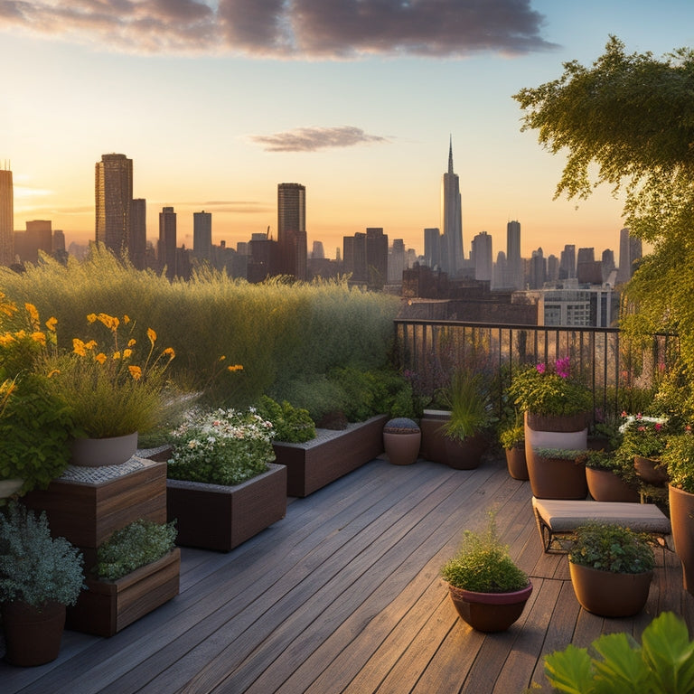 A serene rooftop garden with a small wooden pergola, lush greenery, colorful blooms, and a few modern planters, set against a backdrop of a bustling cityscape at sunset.