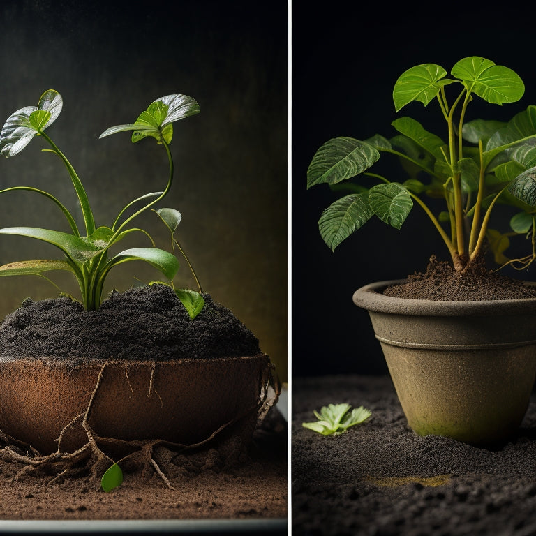 An image of a potted plant with waterlogged soil, roots rotting, and stems wilting, alongside a cracked planter with water overflowing, contrasted with a healthy plant in a planter with holes and well-draining soil.