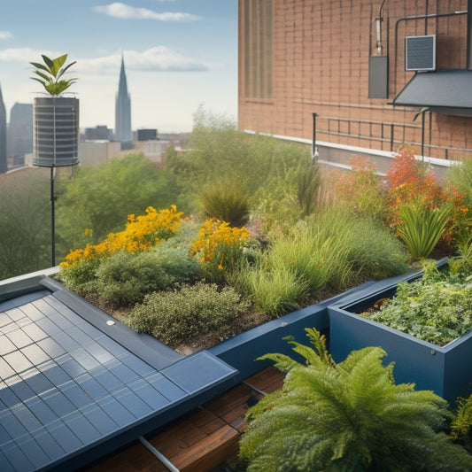 A rooftop garden with lush greenery and a variety of plants, featuring a soil moisture sensor device embedded in the soil, surrounded by a mesh of wires and small solar panels.