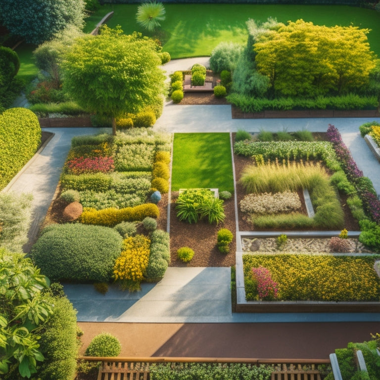 An aerial view of a rooftop garden with multiple sections: a lush green lawn, a vegetable garden with raised beds, a seating area with a pergola, and a flower garden with a meandering path.