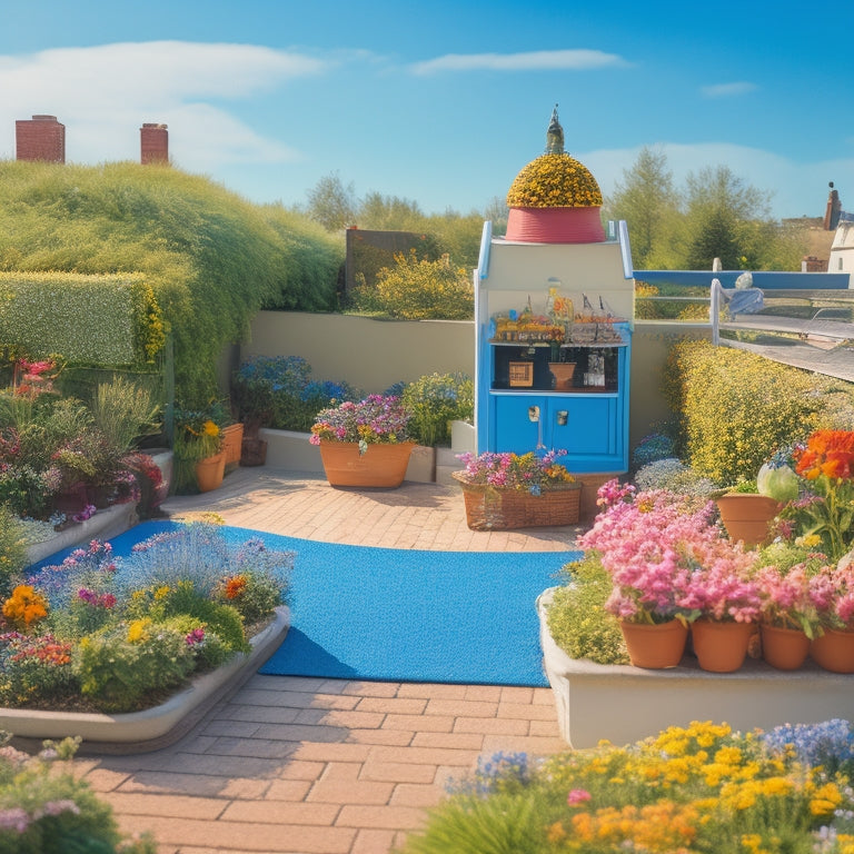 A vibrant rooftop garden with a miniature playhouse, colorful flowers, a tiny vegetable patch, and a winding path surrounded by a sturdy railing, under a bright blue sky with fluffy white clouds.