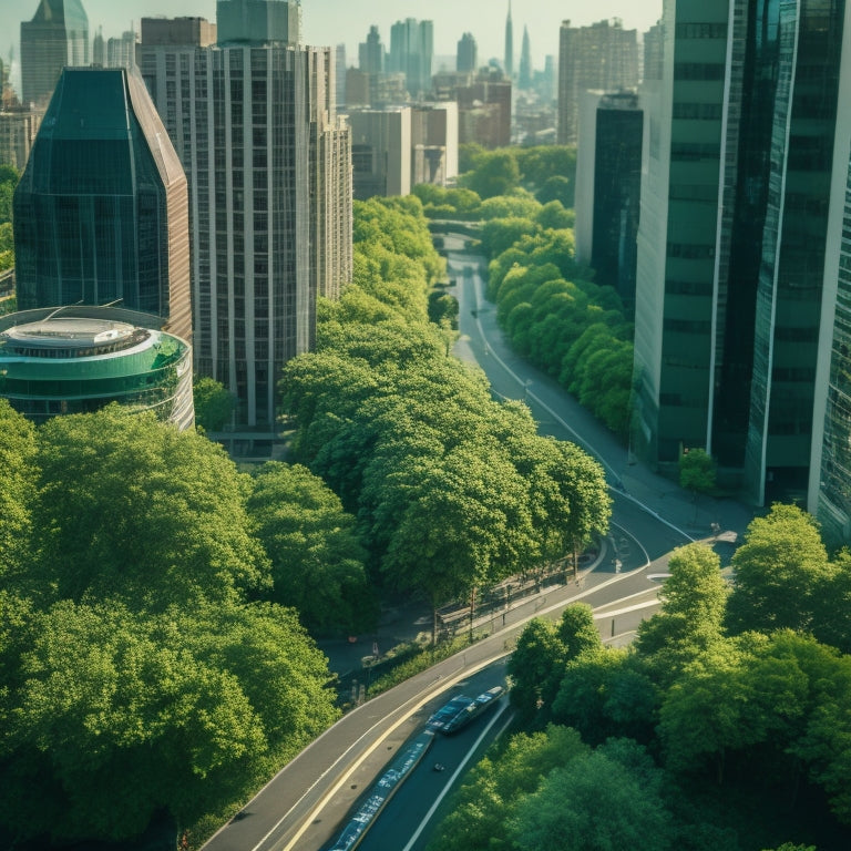 Aerial view of a cityscape with lush green rooftops, verdant trees, and winding vines, contrasting with concrete buildings and bustling streets, conveying a sense of serenity amidst urban bustle.