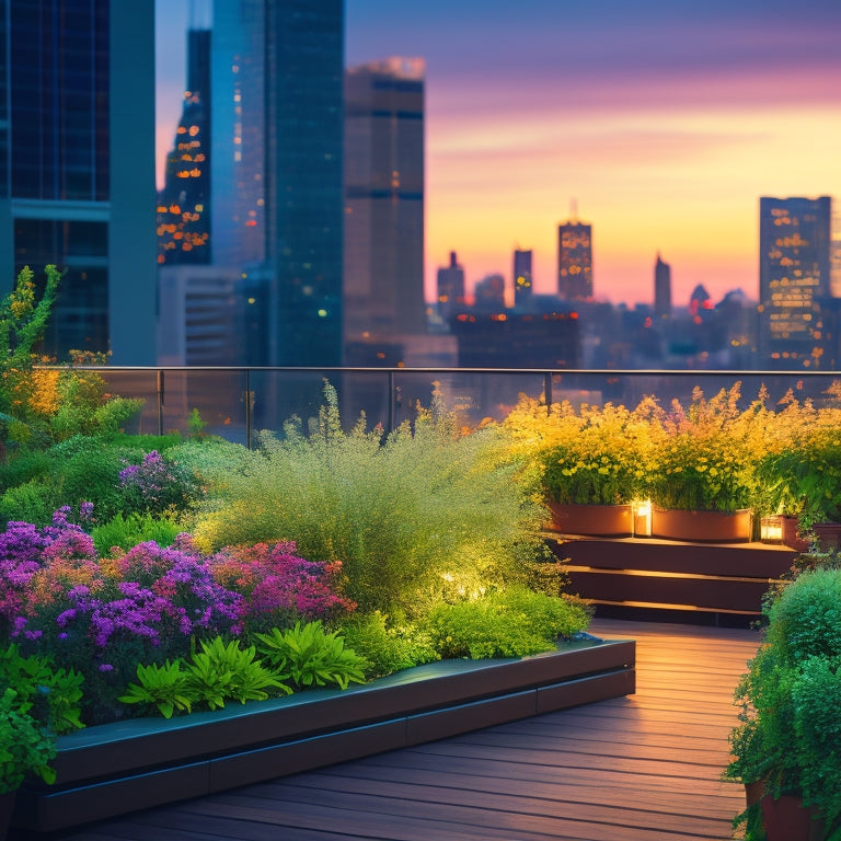 A serene rooftop garden scene at dusk, with lush greenery, vibrant flowers, and a modern glass railing, overlooking a bustling cityscape with sleek skyscrapers and twinkling lights.