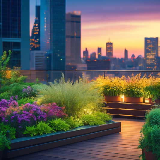 A serene rooftop garden scene at dusk, with lush greenery, vibrant flowers, and a modern glass railing, overlooking a bustling cityscape with sleek skyscrapers and twinkling lights.