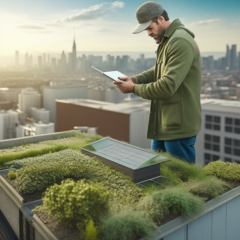 A illustration of a person standing on a green rooftop with a cityscape background, holding a tablet with a checklist and a miniature model of a green roof, surrounded by various roofing materials.