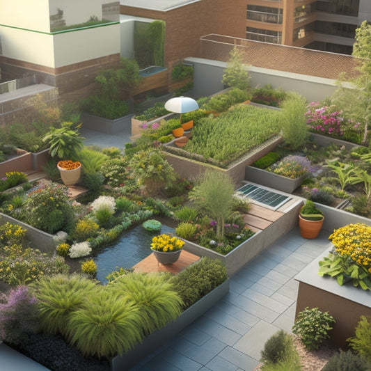 An illustration of a multi-level rooftop garden with various irrigation systems, including drips, sprinklers, and soaker hoses, showcasing a thriving oasis with lush greenery and vibrant flowers.