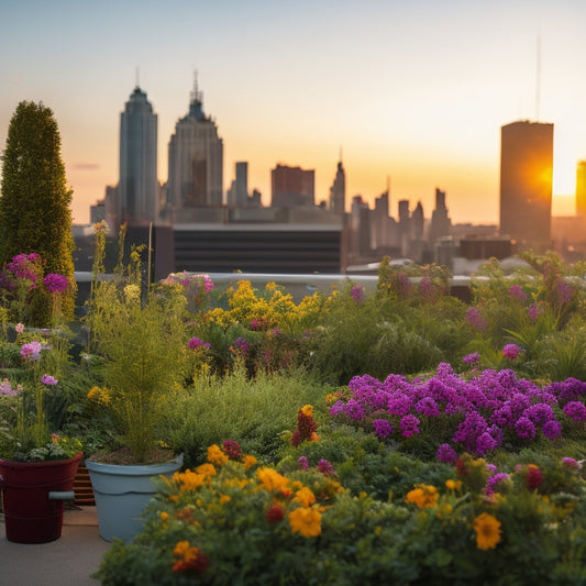 A rooftop flower garden with a mix of colorful blooms and lush greenery, featuring a drip irrigation system, a water timer, and a rain barrel, against a sunny urban skyline background.