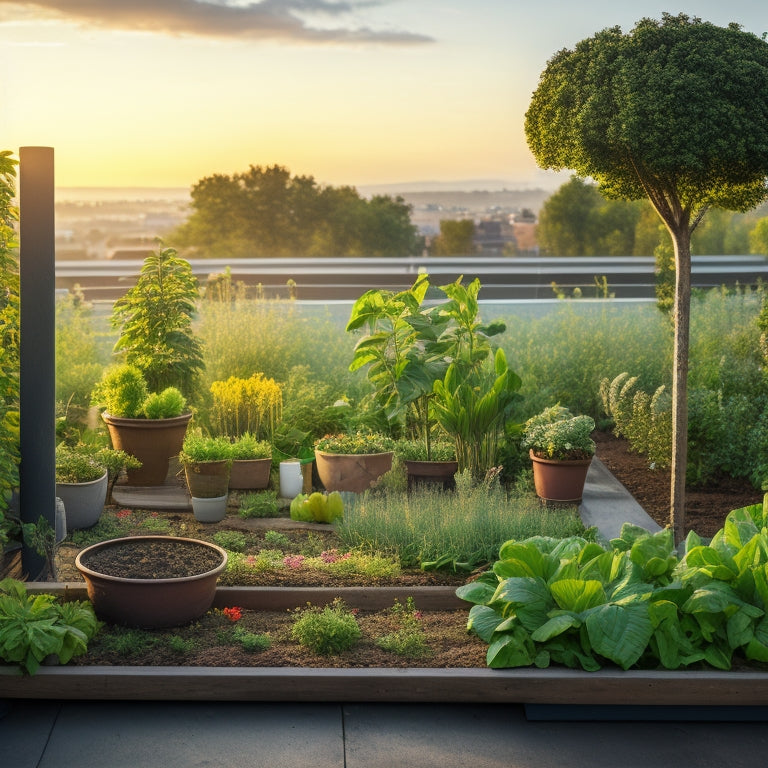 A serene rooftop vegetable garden scene at dawn, with lush greenery, vibrant flowers, and a subtle mist effect, showcasing a drip irrigation system, soaker hose, and water reservoir.