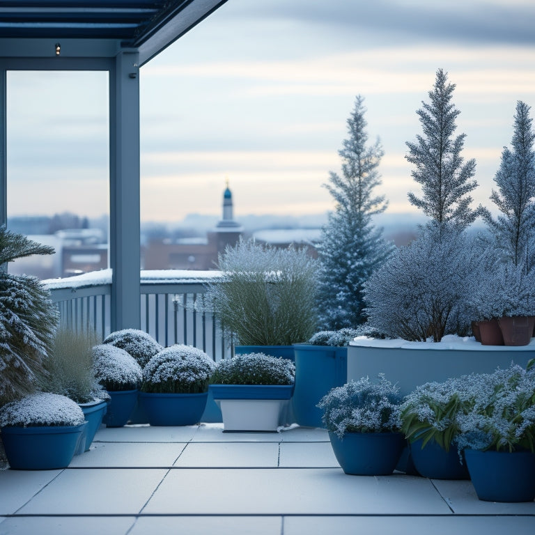 A serene winter rooftop scene with snow-covered planters, evergreen shrubs, and winter flowering bulbs, surrounded by a railing with frosty glass panels, amidst a soft, grey-blue sky with subtle snowflakes.