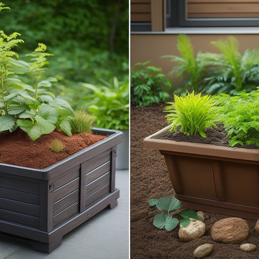 A split-screen image: a planter box on the left with waterlogged soil, wilted plants, and roots rotting, versus a planter box on the right with a built-in drainage system, thriving plants, and healthy roots.