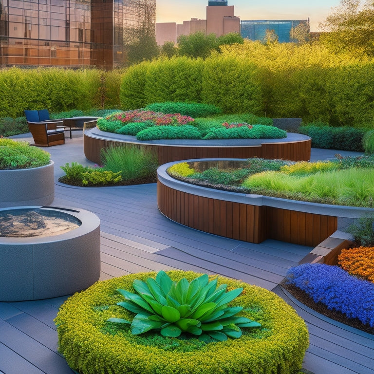 A serene rooftop garden with curved pathways, lush greenery, and vibrant flowers, featuring a focal point water feature surrounded by sleek, modern seating areas and cleverly integrated planters.