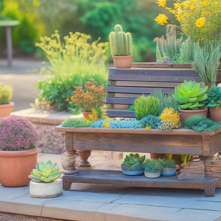 A whimsical outdoor setting with a distressed wooden bench, surrounded by five unique cinder planter arrangements: a tiered succulent tower, a vintage boot overflowing with flowers, and more.