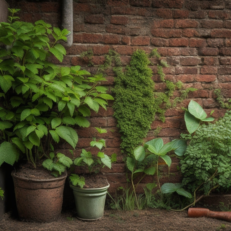 An overgrown garden wall with weeds sprouting between crumbling brick and ivy, contrasted with a clean, weed-free section, featuring a few strategically placed plants and a small, rusty gardening tool.