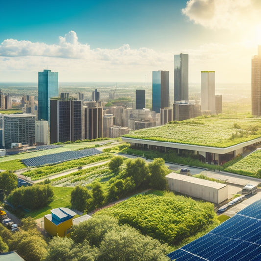 An aerial view of a cityscape with several buildings featuring lush green roofs, covered in a mix of verdant vegetation and solar panels, surrounded by a bright blue sky with fluffy white clouds.
