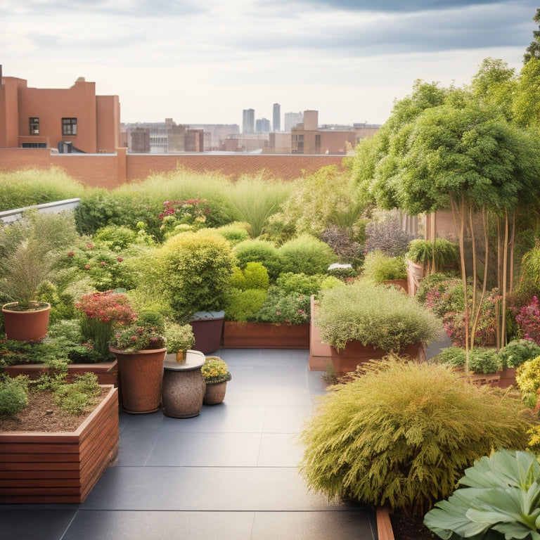 A serene rooftop garden with lush greenery and vibrant flowers, surrounded by a mix of tall, slender trees and shorter, bushy plants, all arranged to block strong winds.