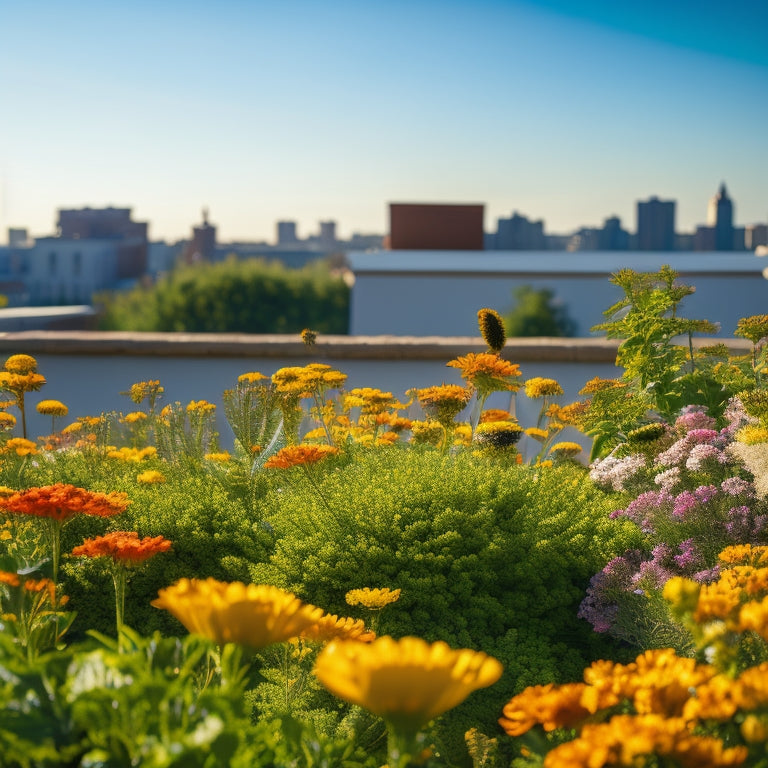 A rooftop garden scene with vibrant marigold flowers blooming amidst lush green veggies, bees and butterflies flitting between them, against a bright blue sky with a few puffy white clouds.