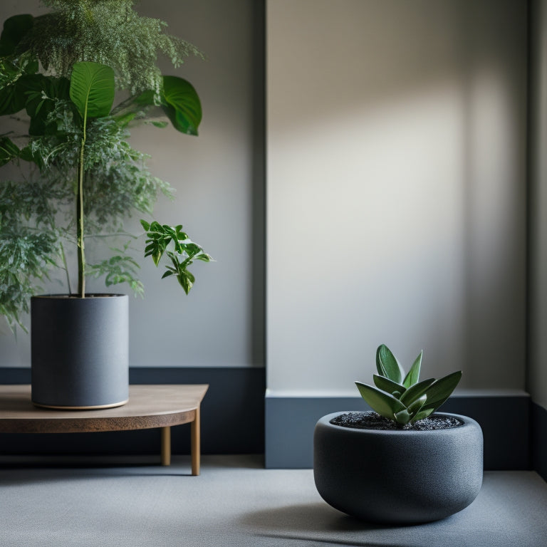A minimalist, modern room with a sleek concrete planter, filled with lush greenery, sitting atop a reclaimed wood side table, surrounded by subtle industrial decor and warm, soft lighting.