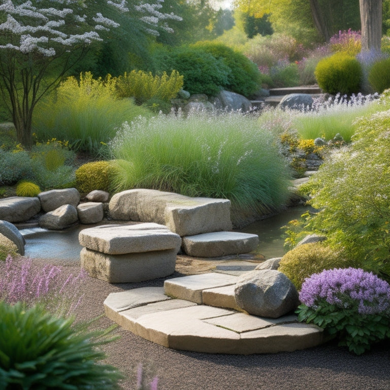 A serene garden scene with a gentle, meandering path of smooth, gray stones, lined with low-maintenance flowers and shrubs, surrounding a tranquil pond with a few steps leading to a comfortable, cushioned bench.