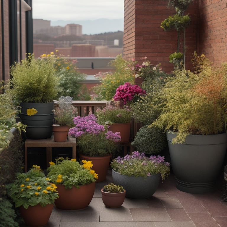 A rooftop garden scene with a variety of weather-resistant planters in different shapes, sizes, and materials, such as terracotta, metal, and recycled plastic, overflowing with lush greenery and vibrant flowers.