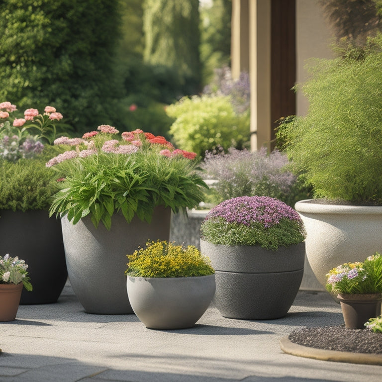 An arrangement of concrete planters in various shapes and sizes, filled with vibrant, blooming flowers and lush greenery, set against a backdrop of a modern, well-manicured garden with soft sunlight casting gentle shadows.