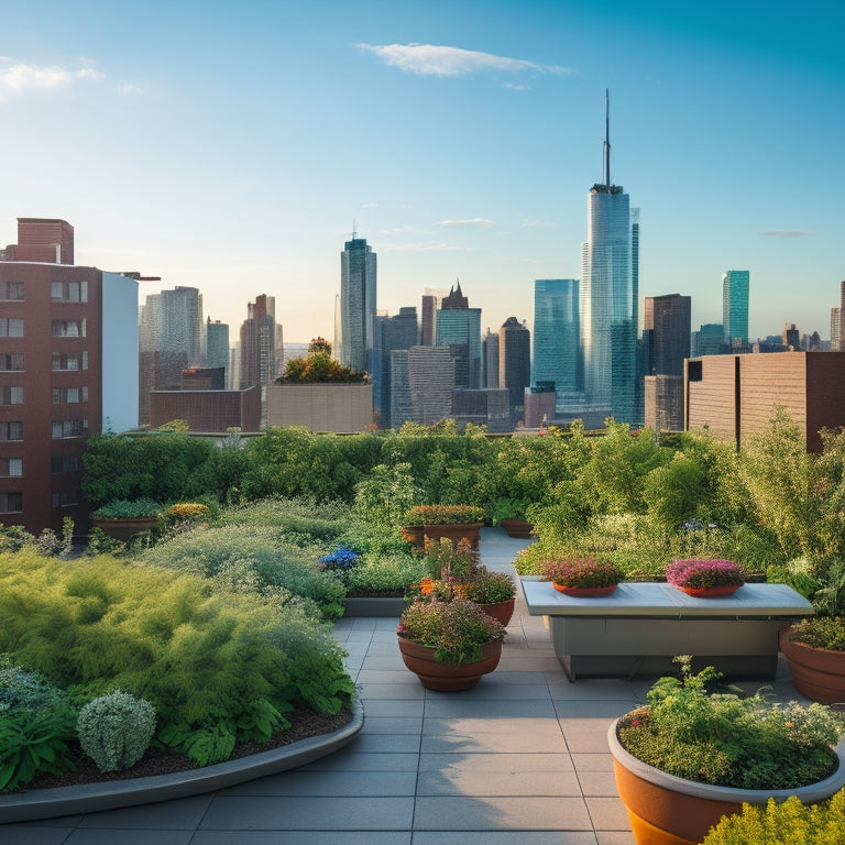 A thriving rooftop garden on a modern high-rise building, with lush greenery, vibrant flowers, and a wooden deck, overlooking a bustling cityscape with a bright blue sky and fluffy white clouds.