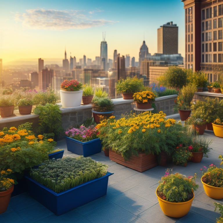 Illustrate a vibrant, lush rooftop garden with diverse plants like marigolds, basil, and tomatoes thriving together, surrounded by a bustling cityscape with a sunny, cloudy sky in the background.