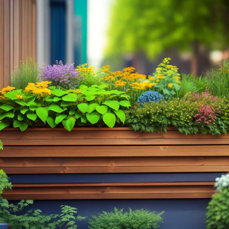 A detailed illustration of a sturdy outdoor planter wall structure, showcasing a sturdy metal frame, reinforced with horizontal wooden slats, surrounded by lush greenery and vibrant flowers, against a blurred cityscape background.