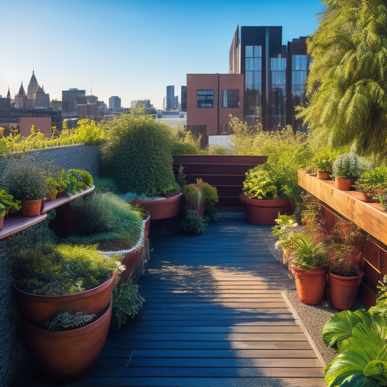A vibrant and lush rooftop vertical garden on a sunny day, with a mix of leafy greens, colorful flowers, and herbs, surrounded by sleek wooden planters and modern seating areas.