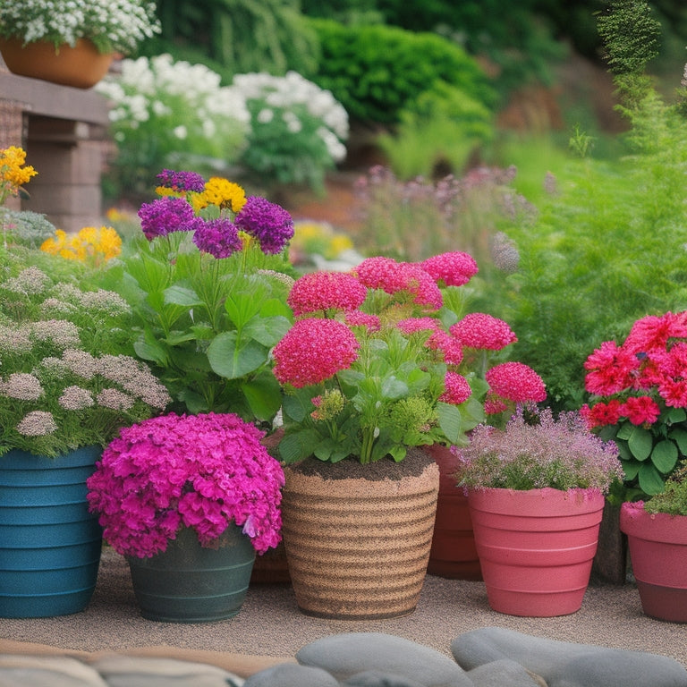 A colorful, overhead composition featuring a variety of cinder block planters, each overflowing with vibrant flowers, surrounded by lush greenery, and placed on a rustic wooden patio amidst scattered pebbles.