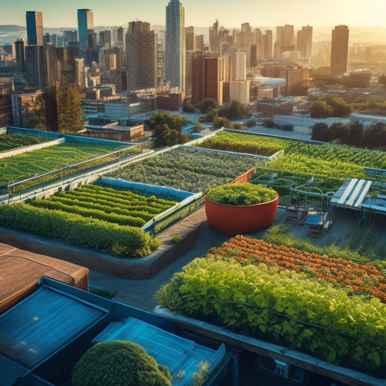 An aerial view of a lush rooftop farm with a network of thin, silver pipes and valves, amidst a variety of vibrant green crops, with a cityscape in the background.