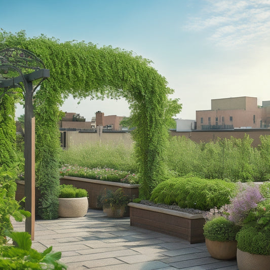 A serene rooftop garden scene with a mix of verdant vines, blooming flowers, and lush greenery entwined around a variety of trellises in unique shapes, sizes, and materials, against a bright blue sky.
