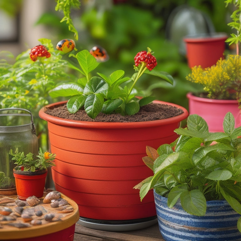 A colorful planter overflowing with lush greenery, surrounded by various pest control methods: neem oil, sticky traps, ladybugs, and copper tape, on a sunny outdoor patio with a blurred garden background.