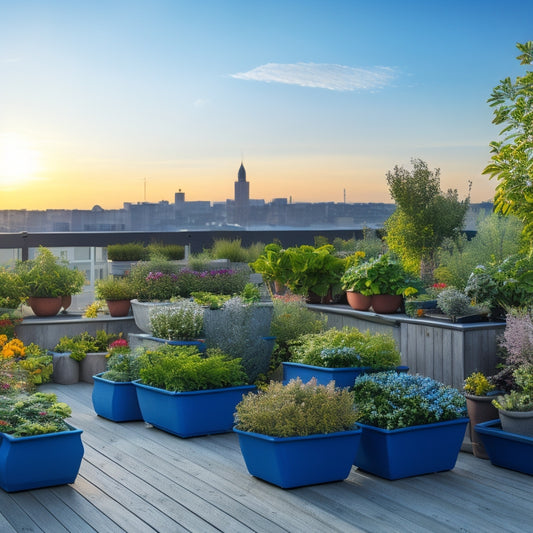 A serene rooftop garden scene at sunset, featuring multiple weather-resistant planters in various shapes and sizes, overflowing with lush green vegetables and vibrant flowers, against a warm, gradient blue sky.
