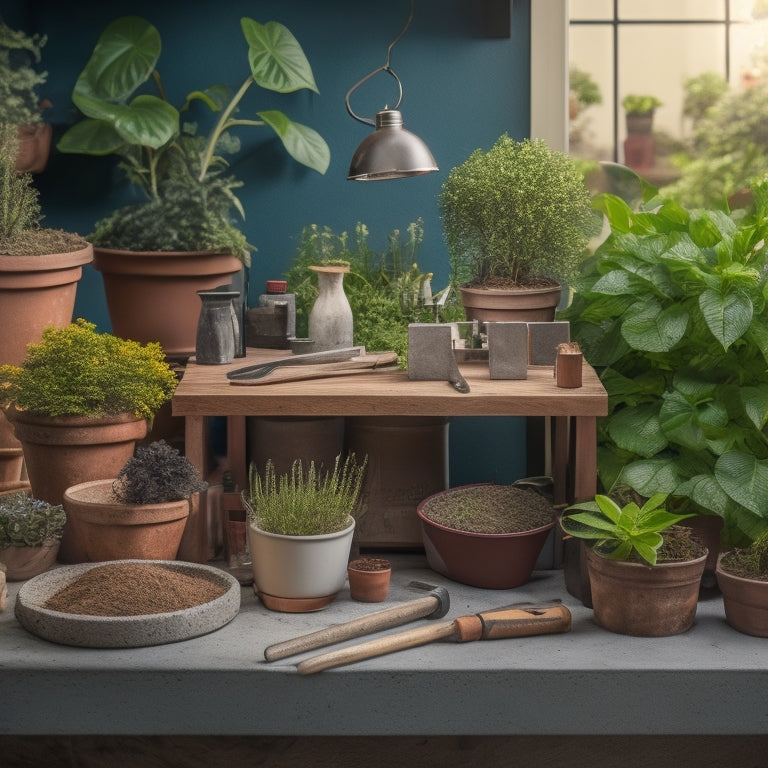 A neatly organized workbench with a half-finished DIY block planter, surrounded by essential tools like a trowel, level, drill, and blocks in various sizes and colors, amidst a scattering of potting soil and small plants.