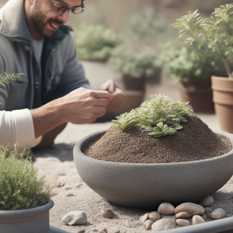 An illustration of a person effortlessly lifting a concrete planter with a surprised expression, surrounded by scattered rocks, perlite, and vermiculite, with a faint background of a garden or patio.