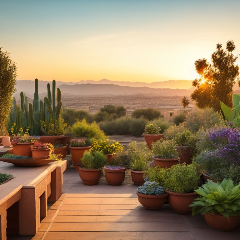 A serene rooftop garden in a desert climate, with lush greenery, vibrant flowers, and thriving vegetables, surrounded by rustic wooden planters, terracotta pots, and a stunning cityscape backdrop at sunset.