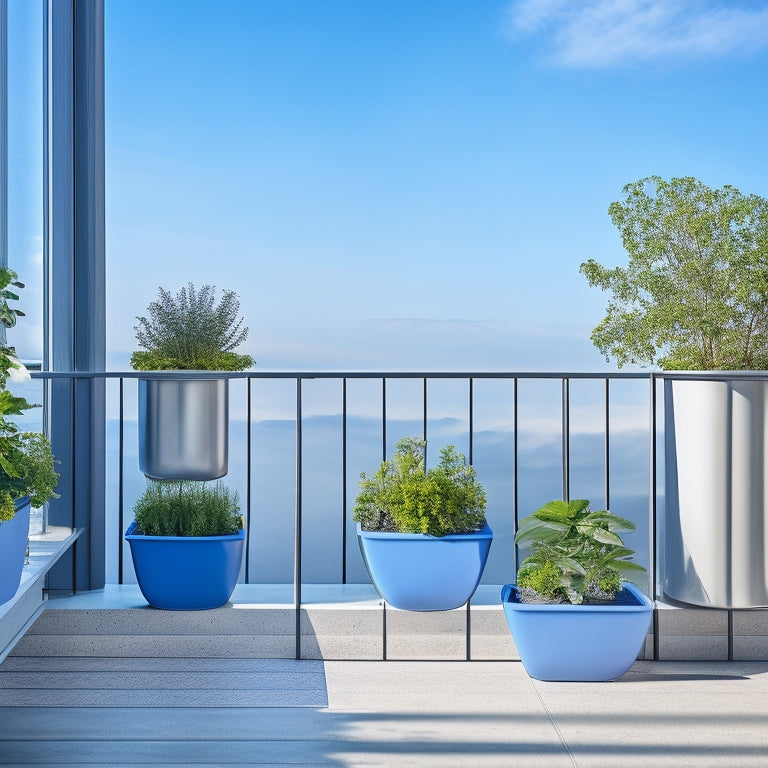 A modern balcony with a sleek, minimalist railing, featuring three water-storing planters of varying sizes, each overflowing with lush, vibrant greenery, against a bright blue sky with a few wispy clouds.