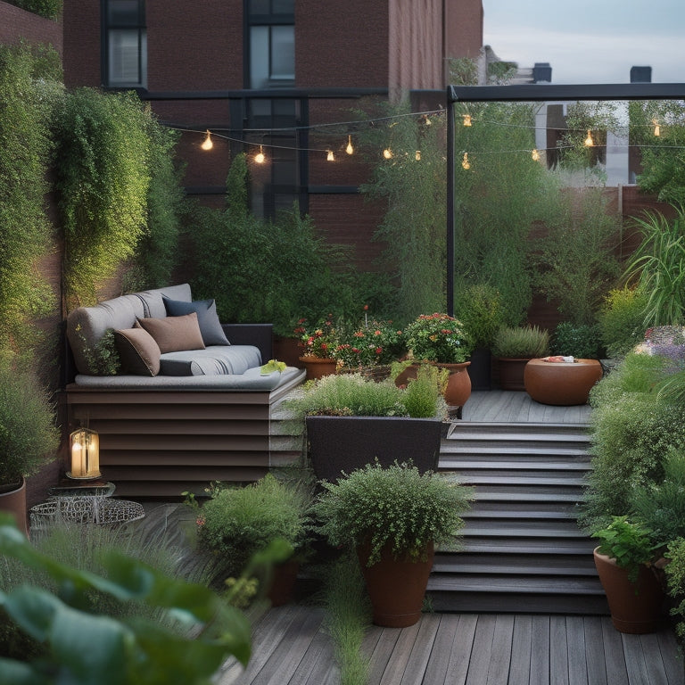 A serene rooftop garden oasis with lush greenery, vibrant flowers, and thriving edible plants, surrounded by sleek wooden planters, and adorned with delicate string lights and comfortable outdoor seating.