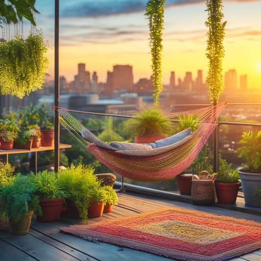 A serene rooftop garden scene at sunset: lush greenery, vibrant flowers, and a hammock surrounded by potted plants, with a distant cityscape in soft focus.