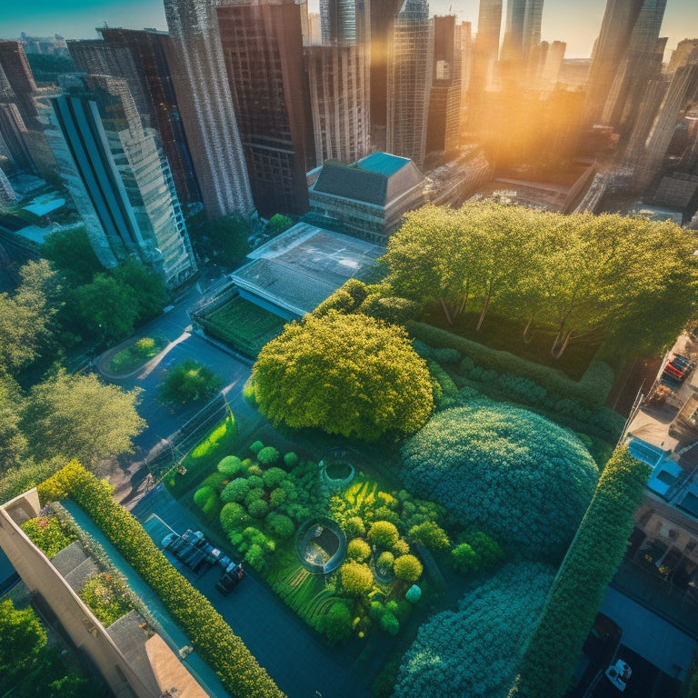 A bird's-eye view of a lush, verdant rooftop garden with a network of aeroponic tubes and misting nozzles, surrounded by a bustling cityscape with skyscrapers and busy streets.