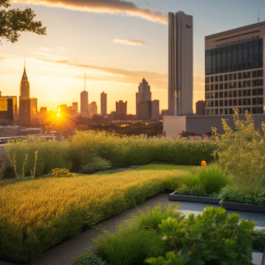 A serene rooftop garden scene at dusk with a lush green lawn, vibrant flowers, and a sprinkler system in motion, surrounded by city skyscrapers and a warm golden sunset glow.