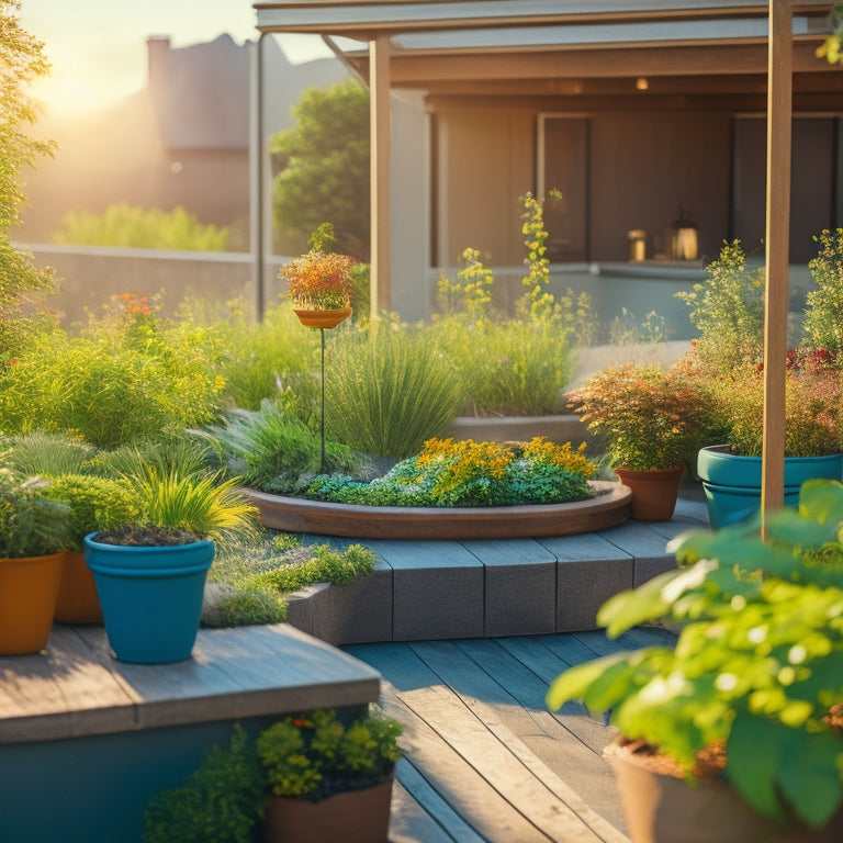 A serene, sun-drenched rooftop garden scene with lush greenery, vibrant wildflowers, and a sprinkler gently watering the soil, surrounded by natural stone planters and a wooden trellis.